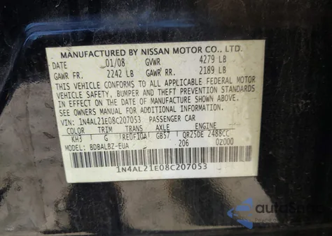2008 Nissan Altima 2.5 S from USA, damaged, VIN 1N4AL21E08C207053